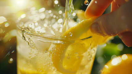 Person pouring water into glass of lemonade