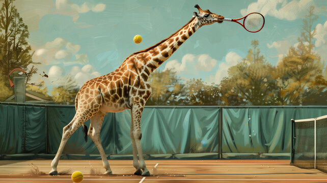 Giraffe playing tennis with tennis racket