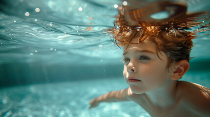 Young boy swimming underwater in a pool