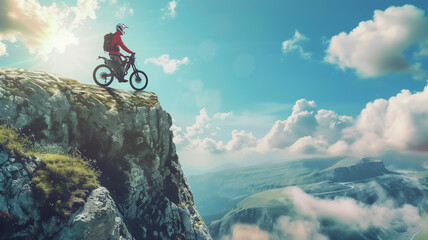 Man riding mountain bike on top of cliff