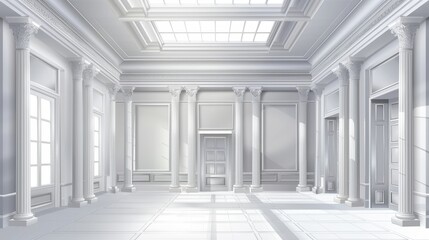 An abstract white mansard interior design with columns and large windows. A modern art gallery...