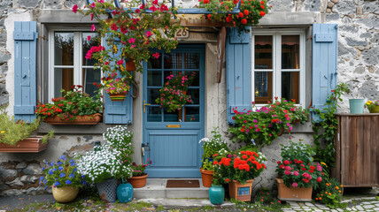 Fototapeta na wymiar Charming house with blue shutters and flower pots