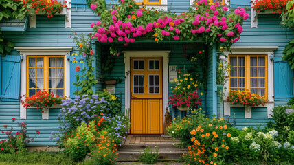 Fototapeta na wymiar Blue house with colorful flowers on front door