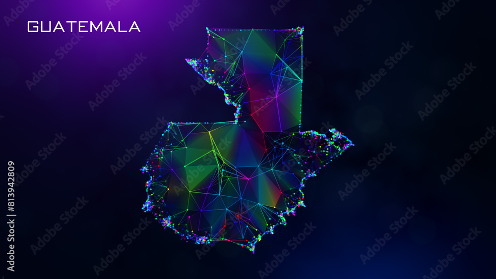 Poster futuristic guatemala map polygonal blue purple colorful connected lines and dots network wireframe w
