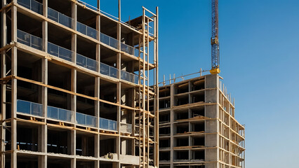 construction site for a large building in city with blue sky background