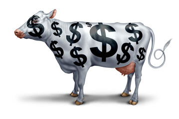 Cash Cow business success symbol  for a profitable company or service generating profit and growing wealth as a metaphor for profitability like cows producing milk consistently