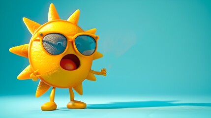 Cheerful animated sun character wearing sunglasses, posing against a blue background. Perfect for summer themes and children's content. AI