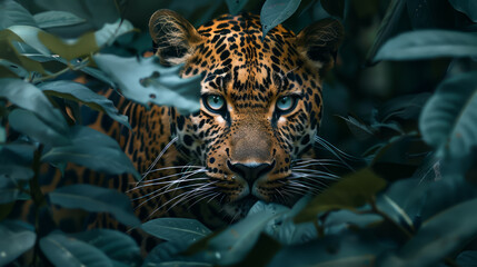 A leopard is looking at the camera in a lush green forest