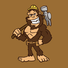 Bigfoot with a big hammer Mascot Cartoon Vector Illustration