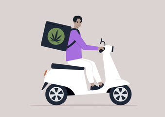 Swift Delivery of Herbal Remedies,  A character rides a scooter, delivering natural cannabis effortlessly through the city