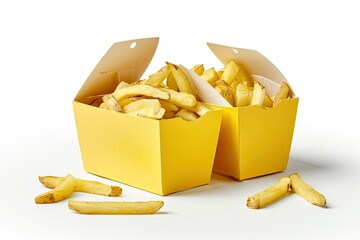 yellow cardboard package boxes with french fries and baked potato slices, isolated on white background