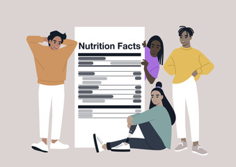 Diverse Group Examining a Giant Food Information Tab, Four individuals engage with a life-size nutrition facts label, symbolizing health awareness