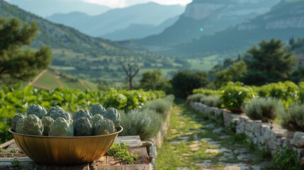 The golden basin is filled with fresh artichokes, the golden plate is placed on the wooden table, the background is a vegetable orchard, distant mountains, aristocratic cuisine, natural fresh vegetabl