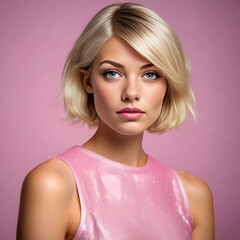 Portrait of beautiful young blonde woman with blue eyes and bob hairstyle. Blonde top model with short hairstyle and professional make-up.