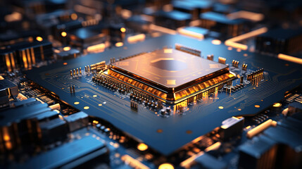 Future Technological Innovation Circuit Board Chip On Blurry Background