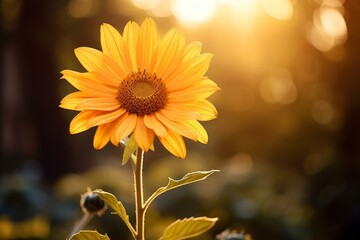 Naklejka premium Golden hour sunflower blooming in a tranquil summer sunset scene with vibrant yellow petals illuminated by warm sunlight in a serene garden setting