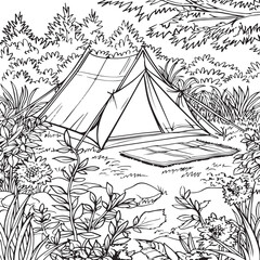 Camping tent in the garden for kids coloring book pages, black vector illustration on white background