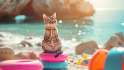 Cat sitting on colorful balls at beach