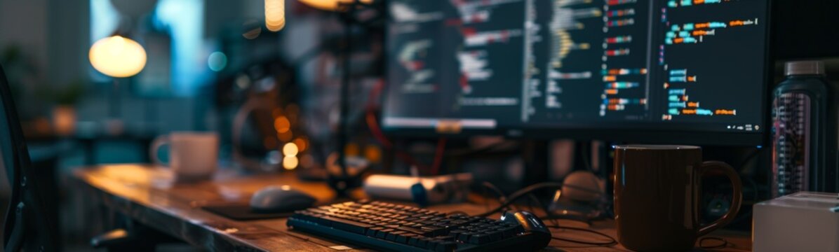 Computer desk with a keyboard and a monitor. Banner