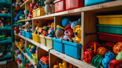 Fototapeta na wymiar Colorful toys and bins in a playroom