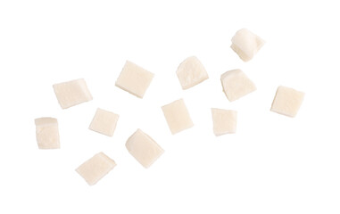 heap of diced mozzarella cheese isolated, top view