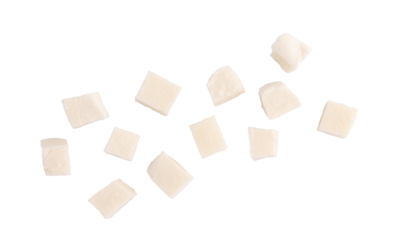 heap of diced mozzarella cheese isolated, top view