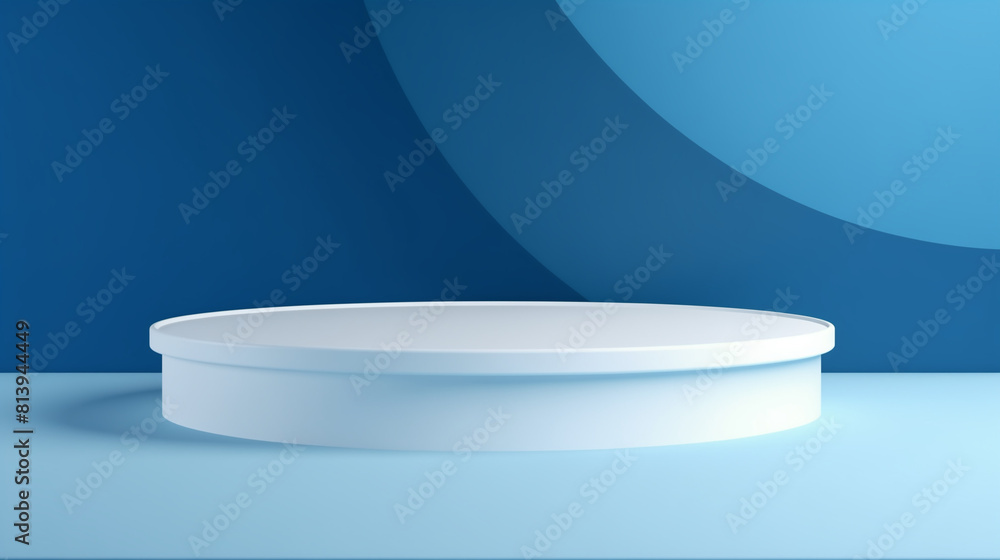 Poster abstract empty white podium with geometric shadows on blue background. mock up stand for product pre