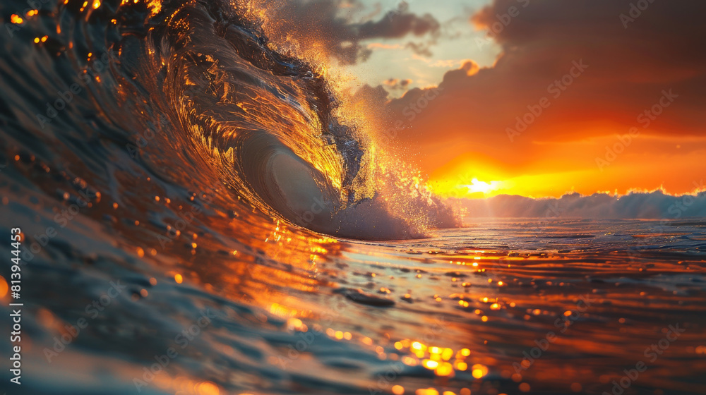 Poster a wave crashing into the ocean with the sun setting in the background