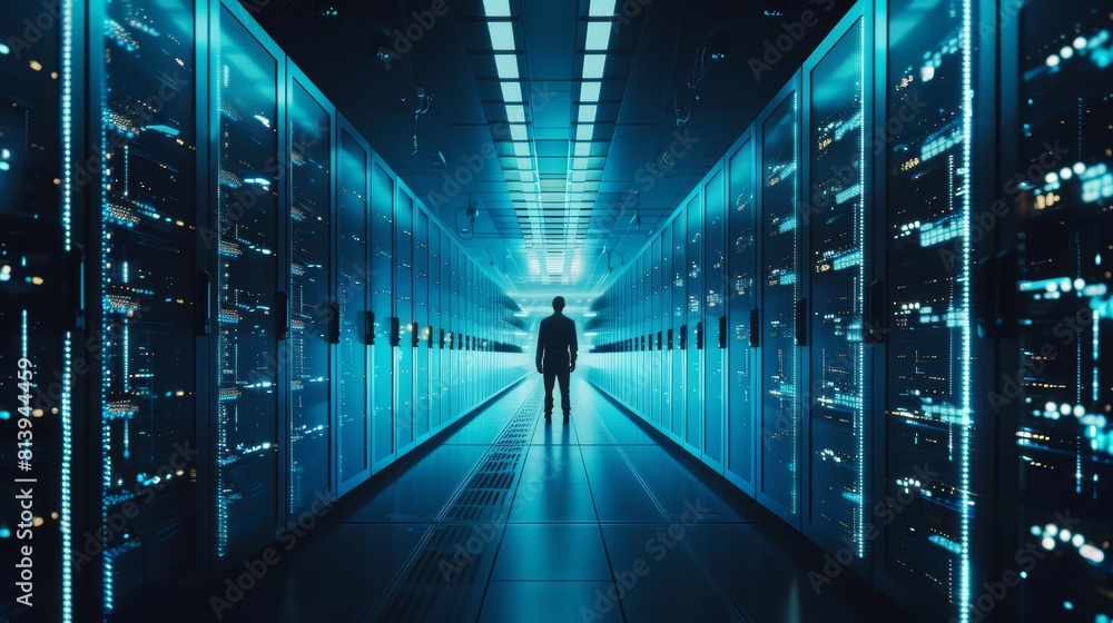 Poster a successful data center it professional using a tablet computer. a server farm cloud computing faci