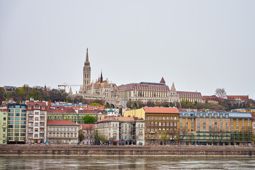 Panoramic view on skyline of Budapest city along Danube River. Architecture of capital of Hungary...