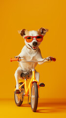 Dog wearing sunglasses riding bicycle on orange background