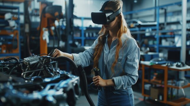 This video showcases an automotive engineer who uses VR software to showcase an electric motor and vehicle platform in an interactive environment. The engineer uses a VR headset and controllers to - Powered by Adobe