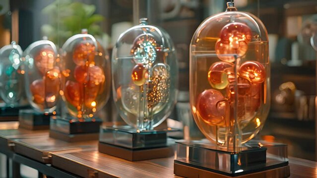 Several glass vases arranged neatly on a table.