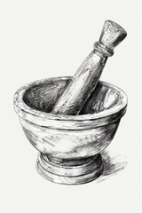 A drawing of a mortar and a bottle in a bowl. Ideal for educational materials