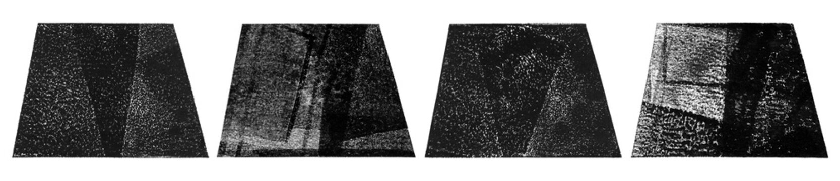 Linocut geometric figures, relief printing set. Four-cornered, quadrilateral, trapezium rough textured shapes collection. Text frames, artistic hand drawn backgrounds. Lino ink overlayed grungy stains