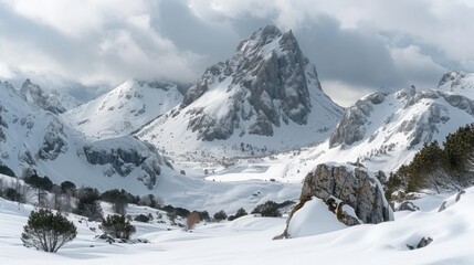 Obraz premium A breathtaking snowy mountain landscape under a cloudy sky with jagged peaks and gentle slopes.