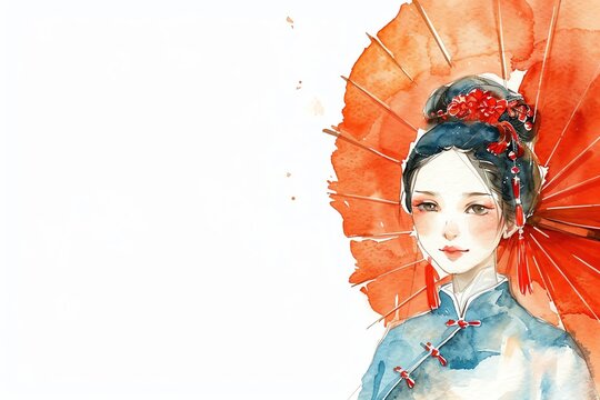 Han Chinese China Woman, Minimalistic watercolor, on a white background, cute and comical with empty copy space.