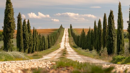 A picturesque Tuscan country lane lined by tall cypress trees under a clear sky, encapsulating the serenity of rural Italy.