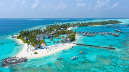 Obraz premium Aerial view of a tropical island resort with overwater bungalows, white sandy beach, and turquoise lagoon.