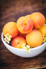 White ceramic bowl with ripe apricots on a wooden table in the garden