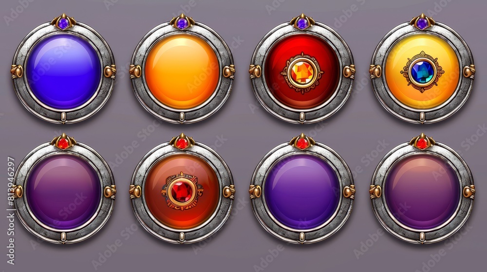 Poster an empty circle of silver and gold rank frames for the user interface of a game. wooden border with 
