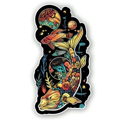 Koi fish with floral and geometric elements. The fish is orange, yellow, and white. The background is black. The image has a retro, psychedelic feel.