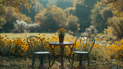 Table and chairs surrounded by sunflowers