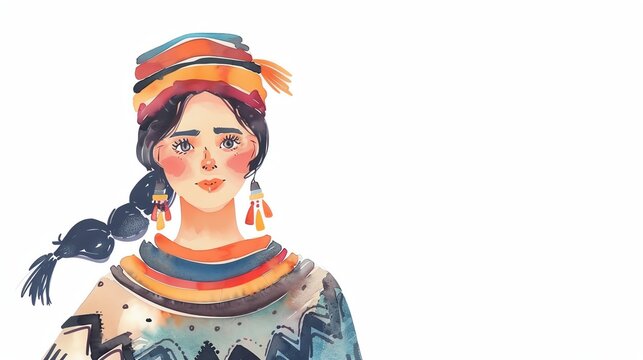 Mapuche Chile and Argentina Woman, Minimalistic watercolor, on a white background, cute and comical with empty copy space.