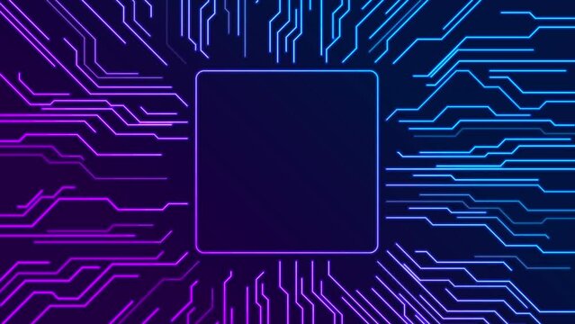 Blue purple neon abstract futuristic tech background with circuit board lines. Seamless looping glowing chip motion design. Video animation Ultra HD 4K 3840x2160