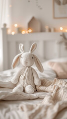 White bunny stuffed animal sitting on bed