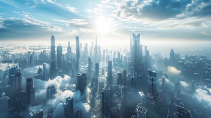 Imaginative concept of an urban megapolis with creative skyscrapers, banks, offices, hotels, autonomous flying machines, perfect clouds, a futuristic city concept. 3D illustration.