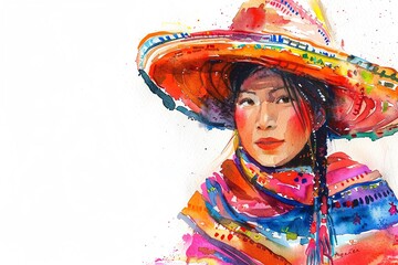 Quechua Peru, Bolivia, Ecuador Woman, Minimalistic watercolor, on a white background, cute and comical with empty copy space.