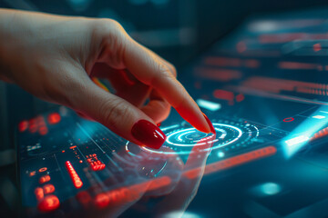 Female finger with red manicure pressing interactive red button on virtual digital information multimedia panel close up. 