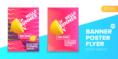 Vector electronic music summer party poster background Pink club party flyer or creative banner with abstract waves and fresh lemon. Hello summer party design template